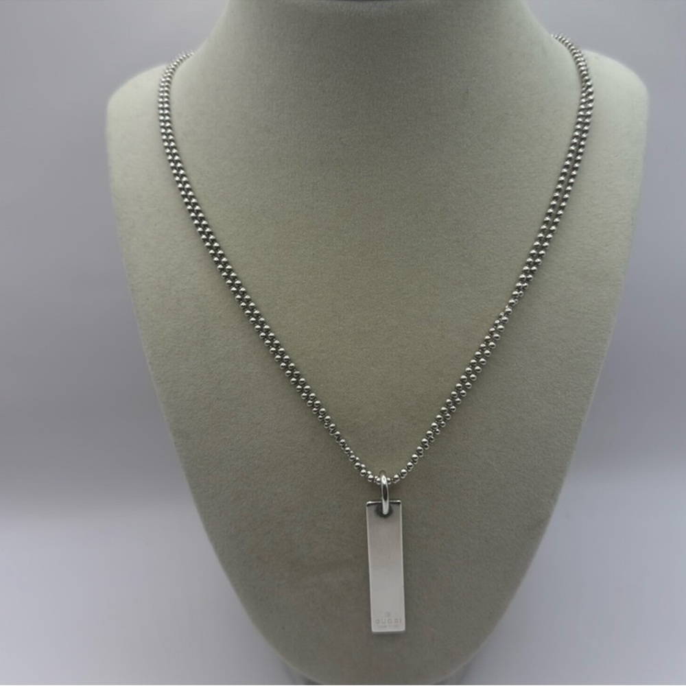 GUCCI Bar Necklace 925 Sterling Silver Double Beaded Ball Chain Necklace EUC